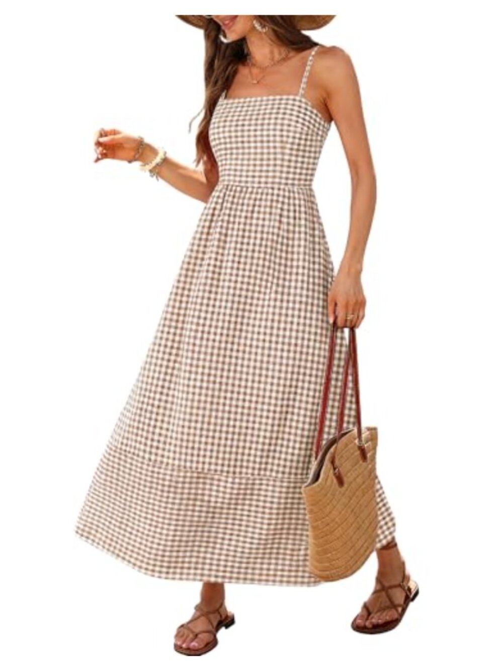 Gingham Spaghetti Strap Smocked Back Flowy Maxi Sundress 100% Rayon Summer